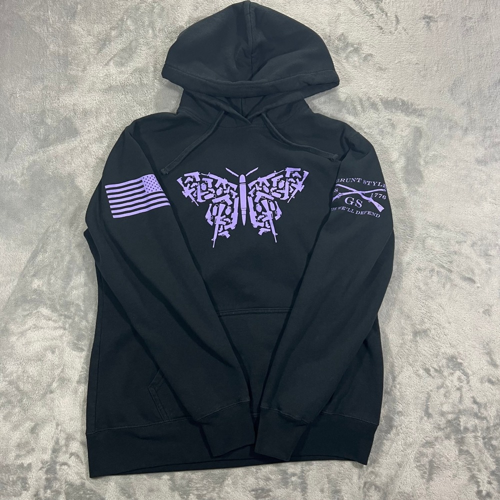 GRUNT STYLE Pullover Hoodie Womens Large Black Butterfly Bullet Graphic American